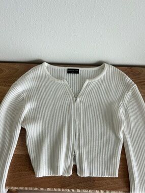 White Fox Boutique Cream Ribbed Double Zip Cardigan Sweater